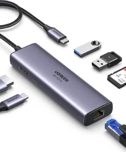 Bộ chuyển USB Type C 7 trong 1 Ugreen 60515 kèm cáp, cổng HDMI, USB, thẻ nhớ SD, microSD, LAN RJ45, phụ kiện kết nối đầy đủ