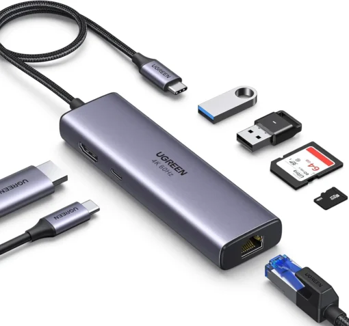 Bộ chuyển USB Type C 7 trong 1 Ugreen 60515 kèm cáp, cổng HDMI, USB, thẻ nhớ SD, microSD, LAN RJ45, phụ kiện kết nối đầy đủ
