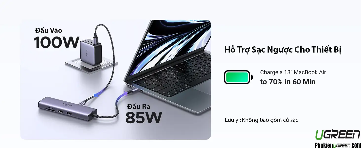 Bộ chuyển USB Type C 7 trong 1 Ugreen 60515 hỗ trợ sạc ngược thiết bị đầu vào 100W, đầu ra 85W, sạc nhanh MacBook Air 70% trong 60 phút