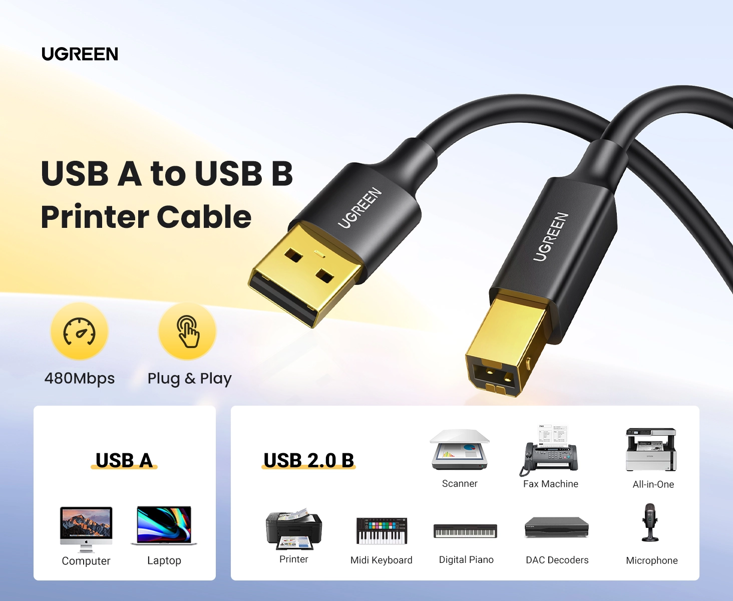Cáp máy in USB 2.0 đầu mạ vàng dài 1M Ugreen 20846 20 cap may in ugreen us135 usb a to usb b printer cable chinh hang 480mbps plug and play