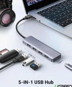 Hub USB 3.0 Ugreen 50985 5-in-1, bộ chia đa năng hỗ trợ USB 3.0 và Type C, mở rộng 4 cổng cho laptop, máy ảnh, USB, thẻ nhớ