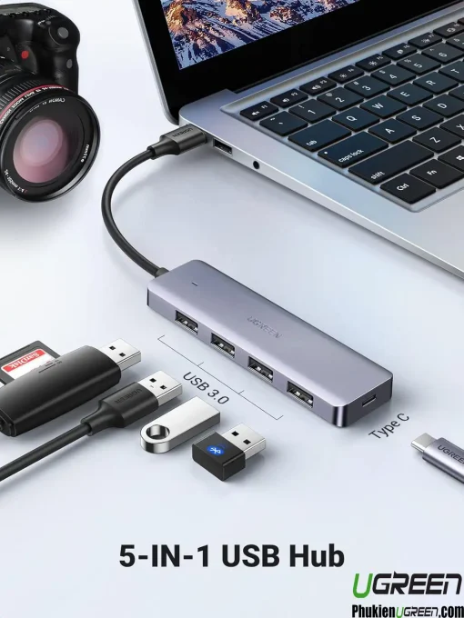 Hub USB 3.0 Ugreen 50985 5-in-1, bộ chia đa năng hỗ trợ USB 3.0 và Type C, mở rộng 4 cổng cho laptop, máy ảnh, USB, thẻ nhớ