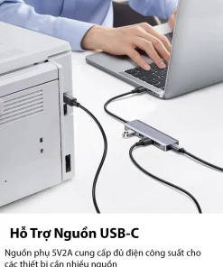 Hub USB 3.0 Ugreen 50985 hỗ trợ nguồn USB-C 5V2A, cấp đủ điện cho thiết bị cần nhiều nguồn như máy in, ổ cứng, laptop