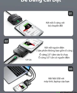 Hướng dẫn lắp đặt cáp chuyển USB 3.0 sang SATA Ugreen 20611 CR108 kết nối ổ cứng 2.5 inch, 3.5 inch và nguồn 12V