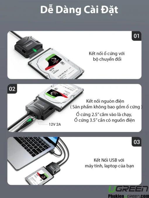 Hướng dẫn lắp đặt cáp chuyển USB 3.0 sang SATA Ugreen 20611 CR108 kết nối ổ cứng 2.5 inch, 3.5 inch và nguồn 12V