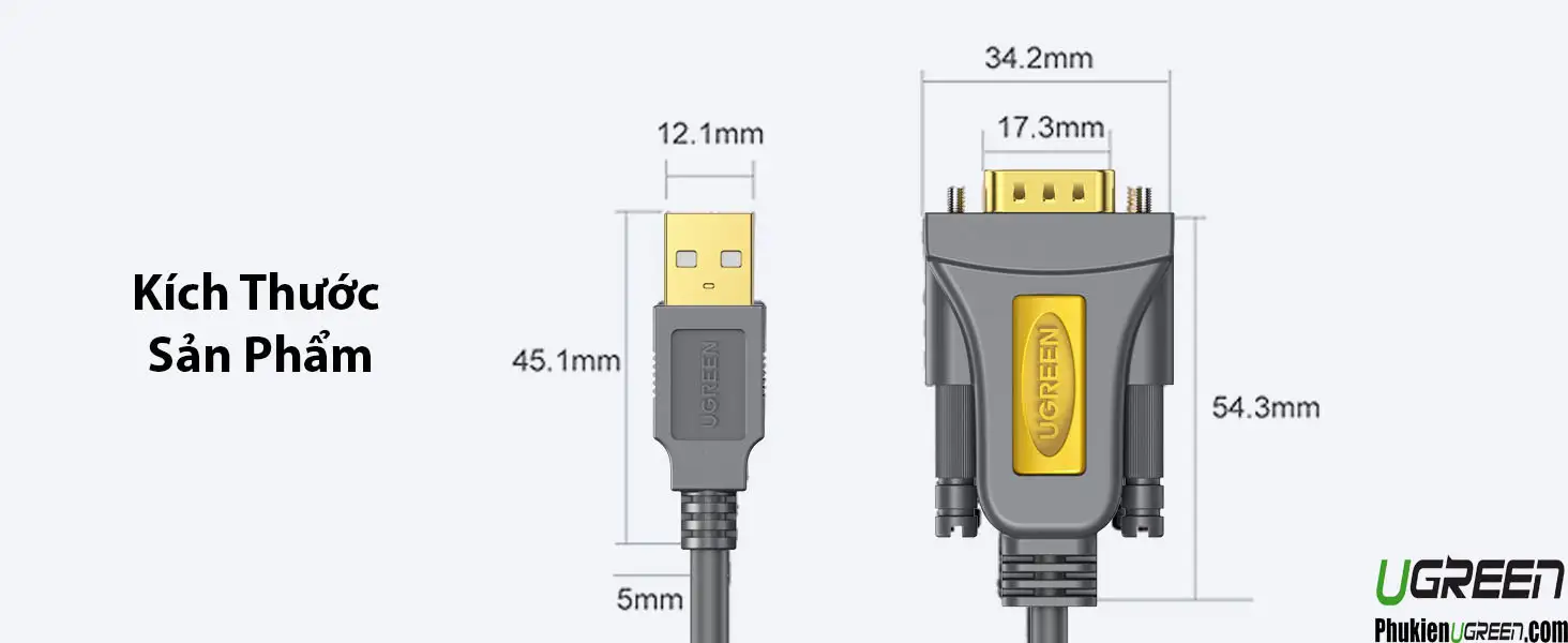 Kích thước sản phẩm cáp USB sang RS232 Ugreen CR104 chi tiết theo mm