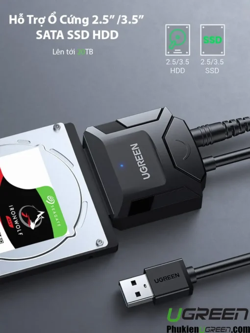 Cáp chuyển USB 3.0 sang SATA Ugreen 20611 CR108 hỗ trợ ổ cứng 2.5 inch, 3.5 inch SSD HDD, dung lượng lên đến 20TB