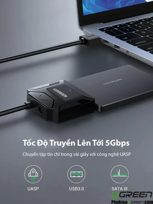 Cáp USB 3.0 to SATA Ugreen 20611 CR108 tốc độ truyền dữ liệu lên tới 5Gbps, hỗ trợ UASP, kết nối SSD nhanh cho laptop