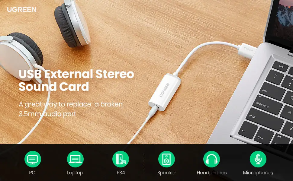 Cáp USB External Stereo Sound Card Ugreen 30712 hỗ trợ 3.5mm Mic và Tai nghe, dùng cho PC, Laptop, PS4, Loa và Microphone