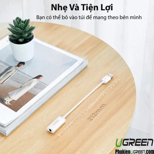 Cáp USB Sound Card Ugreen 30712 kích thước 212mm, thiết kế nhỏ gọn nhẹ và tiện lợi mang theo