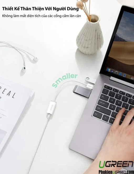 Cáp USB Sound Card Ugreen 30712 thiết kế nhỏ gọn, thân thiện với người dùng, không che cổng liền kề trên laptop