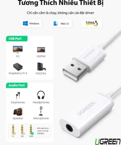 Cáp USB Sound Card Ugreen 30712 tương thích Windows, MacOS, Linux, PC, Laptop, PS5, PS4, Raspberry Pi 4, hỗ trợ tai nghe, loa, micro 3.5mm