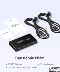 Trọn bộ sản phẩm Ugreen 30767, 30768 gồm USB Sharing Switch, 2 dây USB A to A 1.5m, sách hướng dẫn sử dụng