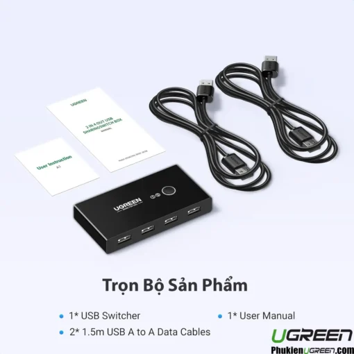 Trọn bộ sản phẩm Ugreen 30767, 30768 gồm USB Sharing Switch, 2 dây USB A to A 1.5m, sách hướng dẫn sử dụng