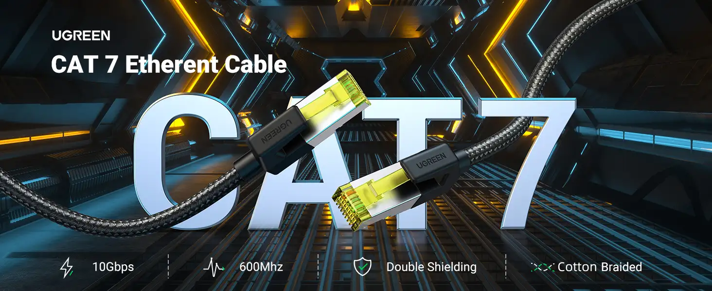 Cáp mạng Cat7 F/FTP Dài 0,5M Vỏ Bọc Nylon Chống Nhiễu Ugreen 80420 28 Cáp mạng Ugreen NW150 Cat7 F/FTP bện nylon, tốc độ 10Gbps, băng thông 600MHz, chống nhiễu kép Double Shielding, dây đúc sẵn bấm sẵn 2 đầu RJ45 mạ vàng.