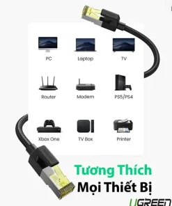 Cáp mạng Ugreen NW150 Cat7 F/FTP bện nylon, đầu RJ45 mạ vàng 24K, tương thích PC, laptop, TV, router, modem, PS5/PS4, Xbox, TV Box, máy in. Tốc độ 10Gbps, băng thông 600MHz, chống nhiễu tốt.