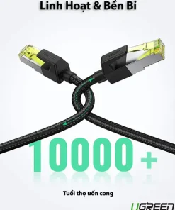 Cáp mạng Ugreen NW150 Cat7 F/FTP bện nylon, tuổi thọ uốn cong hơn 10000 lần, tốc độ 10Gbps, băng thông 600MHz, đầu RJ45 mạ vàng 24K, chống nhiễu kép, bền bỉ và linh hoạt.