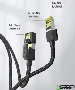 Cáp mạng Ugreen NW150 Cat7 F/FTP bện nylon với đầu RJ45 mạ vàng 24K, đầu nối bọc nikel, chụp chống bụi, truyền tải tốc độ 10Gbps, băng thông 600MHz, chống oxy hóa và kết nối ổn định.