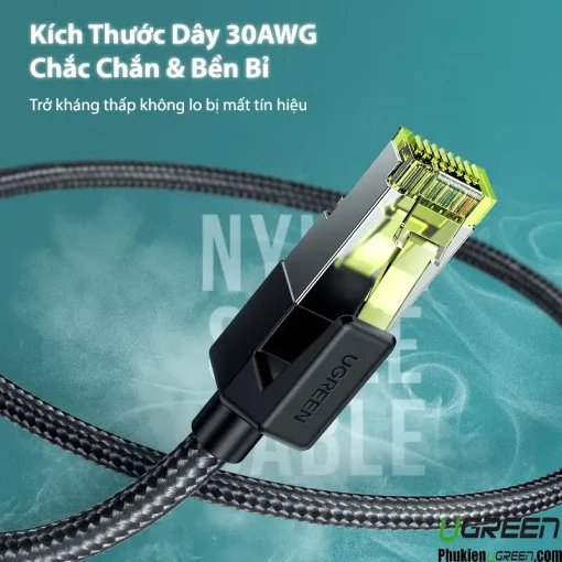 Cáp mạng Ugreen NW150 Cat7 F/FTP bọc Nylon 30AWG – dây lõi đồng chắc chắn, trở kháng thấp, truyền tải tín hiệu ổn định 10Gbps, băng thông 600MHz