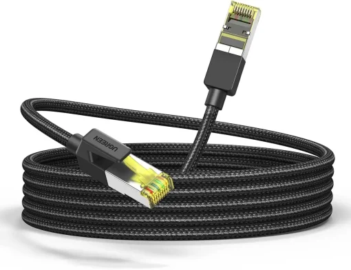 Cáp mạng Ugreen NW150 Cat7 F/FTP đúc sẵn, bấm sẵn 2 đầu RJ45 mạ vàng 24K, vỏ bện nylon chống gãy, hỗ trợ tốc độ 10Gbps băng thông 600MHz.