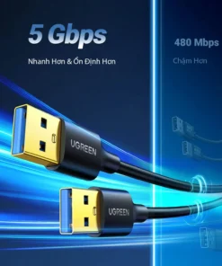 Cáp USB 3.0 2 đầu đực Ugreen US128 – Tốc độ truyền dữ liệu 5Gbps, nhanh hơn USB 2.0 480Mbps, đầu mạ vàng, chính hãng