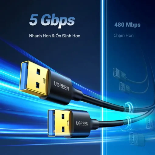 Cáp USB 3.0 2 đầu đực Ugreen US128 – Tốc độ truyền dữ liệu 5Gbps, nhanh hơn USB 2.0 480Mbps, đầu mạ vàng, chính hãng