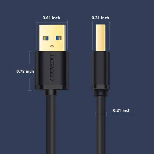 Kích thước đầu cáp USB 3.0 2 đầu đực Ugreen US128 – USB Male to Male, đầu mạ vàng, chuẩn 0.61 inch x 0.78 inch, chính hãng
