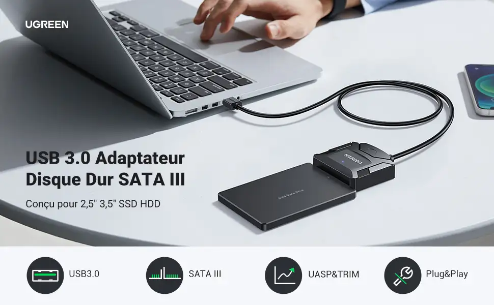 Cáp USB 3.0 To SATA HDD,SSD 3.5" ,2.5" Ugreen 20611 ( Hỗ Trợ Ổ Cứng 20TB ) 18 Cáp chuyển đổi Ugreen USB 3.0 sang SATA III hỗ trợ ổ cứng HDD SSD 2.5 inch, 3.5 inch – Plug and Play, tốc độ cao, UASP & TRIM