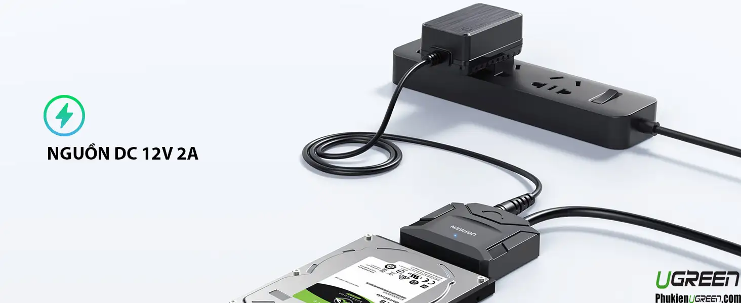 Cáp USB 3.0 To SATA HDD,SSD 3.5" ,2.5" Ugreen 20611 ( Hỗ Trợ Ổ Cứng 20TB ) 19 Cáp chuyển Ugreen USB 3.0 to SATA sử dụng nguồn DC 12V 2A, hỗ trợ ổ cứng HDD/SSD 3.5 inch yêu cầu nguồn ngoài