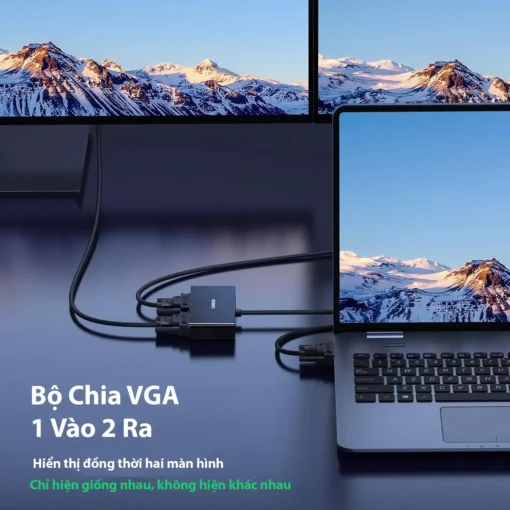 Demo kết nối thực tế bộ chia VGA 1 ra 2 Ugreen 20918, xuất đồng thời 2 màn hình giống nhau từ 1 laptop, hiển thị song song không phân biệt nội dung