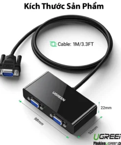 Kích thước bộ chia VGA 1 ra 2 Ugreen 20918, chiều dài cáp 1m, hộp chia 98x52x22mm, thiết kế nhỏ gọn phù hợp lắp đặt mọi vị trí.