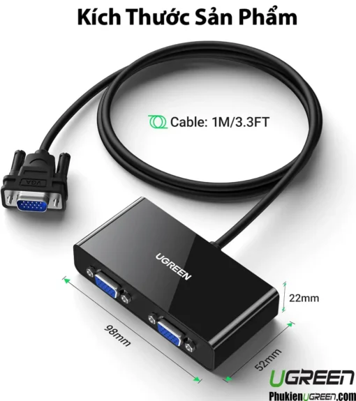 Kích thước bộ chia VGA 1 ra 2 Ugreen 20918, chiều dài cáp 1m, hộp chia 98x52x22mm, thiết kế nhỏ gọn phù hợp lắp đặt mọi vị trí.