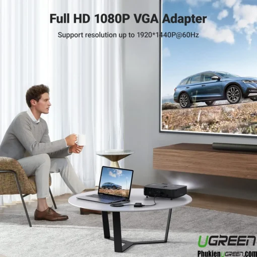 Thực tế sử dụng bộ chia VGA 1 ra 2 Ugreen 20918, trình chiếu hình ảnh Full HD 1080P từ laptop lên màn hình lớn, hỗ trợ độ phân giải 1920x1440@60Hz