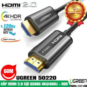 Cap HDMI 2.0 Soi Quang Vo Hop Kim Kem Dai 60M Ho Tro 4K@60Hz HDR Ugreen 50220