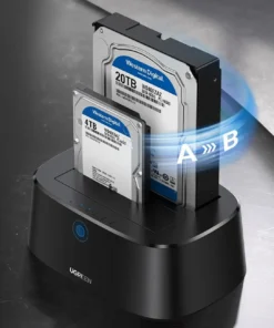 Dock HDD SSD Ugreen 50857 clone dữ liệu từ ổ A sang B, hỗ trợ ổ cứng 20TB và 4TB, truyền tải tốc độ cao.