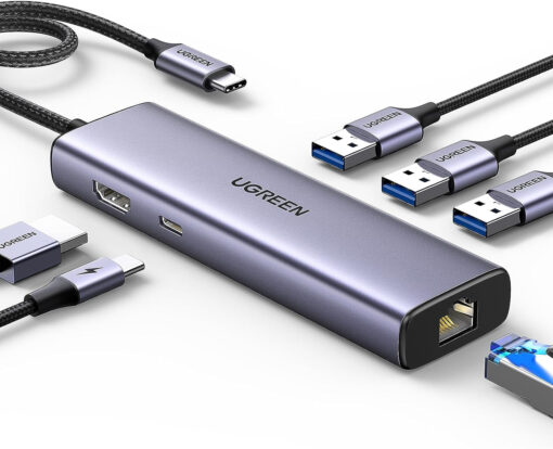 Hub USB-C Ugreen 15598 đa năng – 6 in 1 gồm HDMI 4K, LAN Gigabit, 3 cổng USB 3.0, sạc nhanh PD 100W