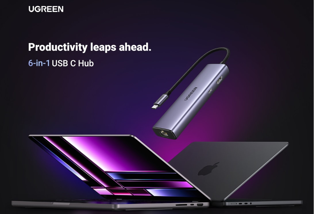 Hub Chuyển USB-C Sang HDMI 4K@30Hz + Lan 1Gbps+ 3xUSB 3.0 + Sạc PD 100W Ugreen 15598 18 Banner hub USB-C Ugreen 15598 6-in-1 – mở rộng kết nối, tăng năng suất làm việc cho MacBook, laptop hiện đại