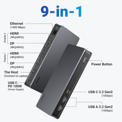 bo-dock-chuyen-doi-usb-c-9-trong-1-ugreen-90912-ho-tro-2displayport-4k60hz-2hdmi-4k60hz-rj45-pd-100w1xusb-c-10gbps-2usb-a-10gbps