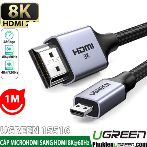 Cáp chuyển Micro HDMI sang HDMI Hỗ Trợ 8K@60Hz Dây Bọc Dù Chính Hãng Ugreen 15516