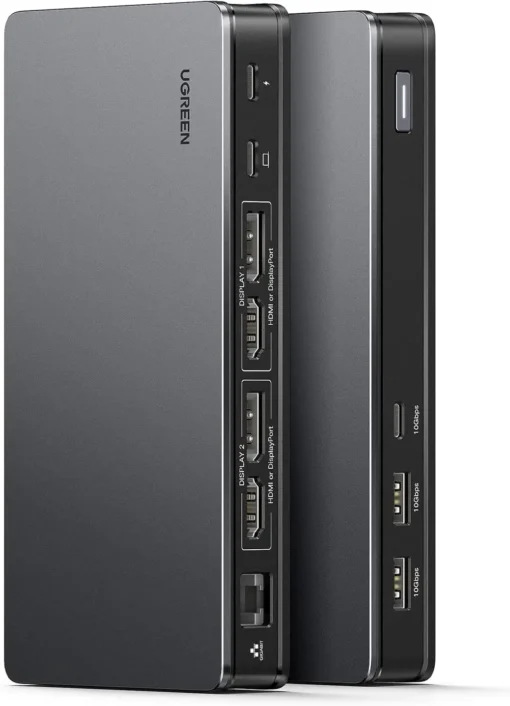 Dock Ugreen 90912 CM615 hỗ trợ xuất 2 màn hình HDMI/DisplayPort 4K60Hz, trang bị cổng USB-A, USB-C 10Gbps và cổng LAN 1Gbps.