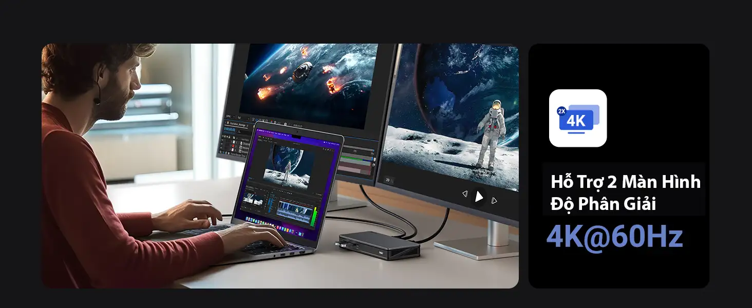 Bộ Dock Chuyển Đổi USB-C 9 Trong 1 Ugreen 90912 Hỗ Trợ 2*DisplayPort 4K60Hz, 2*HDMI 4K60Hz, RJ45, PD 100W,1xUSB C 10Gbps, 2*USB A 10Gbps 28 Dock chuyển đổi Ugreen 90912 hỗ trợ xuất 2 màn hình 4K@60Hz cho laptop Macbook, Windows.