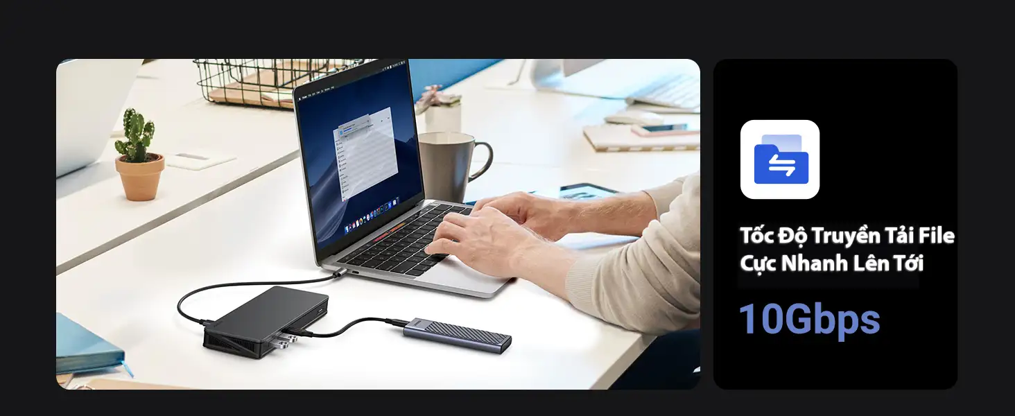 Bộ Dock Chuyển Đổi USB-C 9 Trong 1 Ugreen 90912 Hỗ Trợ 2*DisplayPort 4K60Hz, 2*HDMI 4K60Hz, RJ45, PD 100W,1xUSB C 10Gbps, 2*USB A 10Gbps 29 Dock chuyển đổi Ugreen 90912 hỗ trợ truyền tải dữ liệu tốc độ cao 10Gbps, kết nối ổ cứng SSD cực nhanh cho laptop.