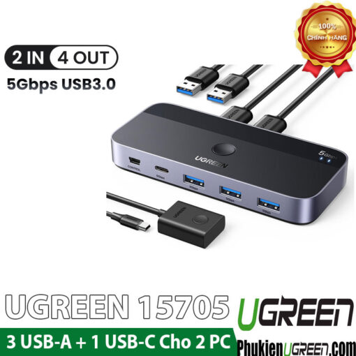 Thiết Bị Chia Sẻ 3 Cổng USB 3.0 + 1 Cổng USB-C Dùng Chung Cho 2 Máy Tính Ugreen 15705 CM662