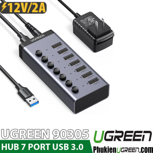 Bộ Chia Cổng USB Sang 7 Cổng 3.0 Có Công Tắc Và Trợ Nguồn DC 12V2A Ugreen 90305 CM481