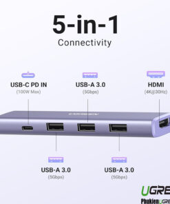 Hub USB-C 5 in 1 Hỗ Trợ HDMI 4K, 3x USB 3.0, USB-C PD 100W Ugreen 35582 CM478