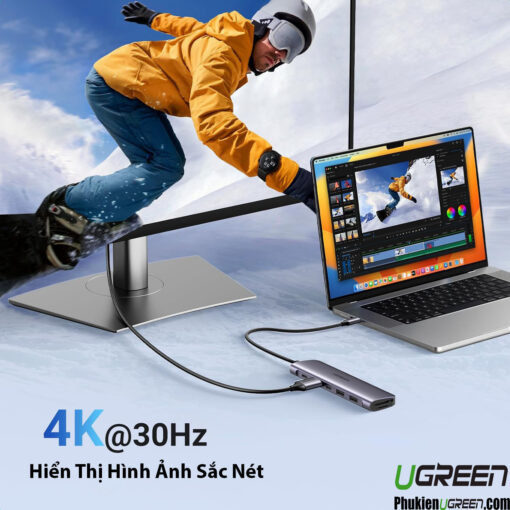 Hub USB-C Ugreen 15214 CM195 Hỗ Trợ 1 x USB-C 5gbps + 1 x USB-C PD 100W + 1 x HDMI 4k30Hz + 1 x SD + 1 x TF