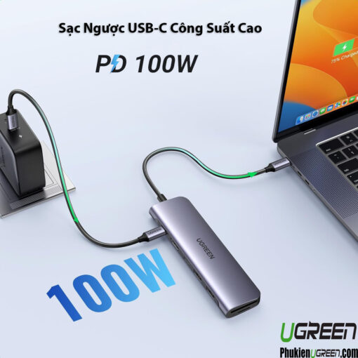 Hub USB-C Ugreen 15214 CM195 Hỗ Trợ 1 x USB-C 5gbps + 1 x USB-C PD 100W + 1 x HDMI 4k30Hz + 1 x SD + 1 x TF