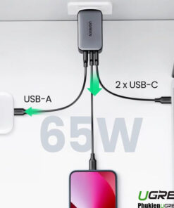 Bộ Sạc Nhanh GaN 65W 3 Cổng bao gồm 2 Cổng USB-C 1 Cổng USB A Ugreen 10335