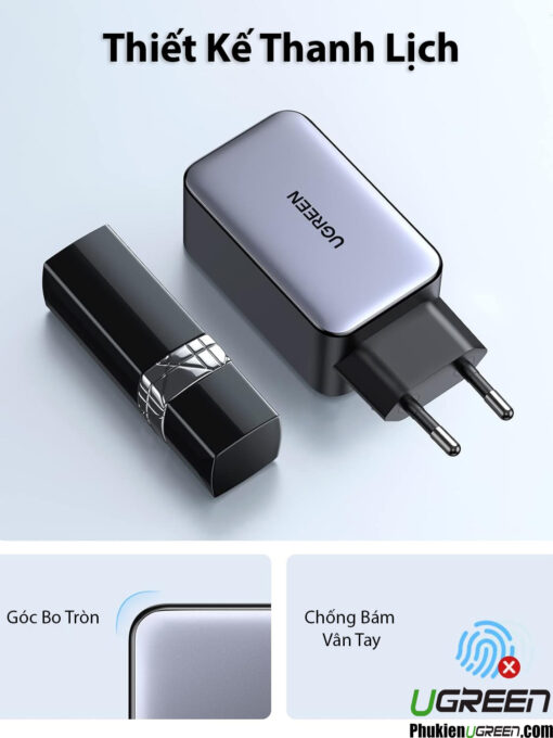 Bộ Sạc Nhanh GaN 65W 3 Cổng bao gồm 2 Cổng USB-C 1 Cổng USB A Ugreen 10335