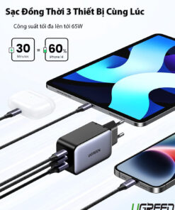 Bộ Sạc Nhanh GaN 65W 3 Cổng bao gồm 2 Cổng USB-C 1 Cổng USB A Ugreen 10335